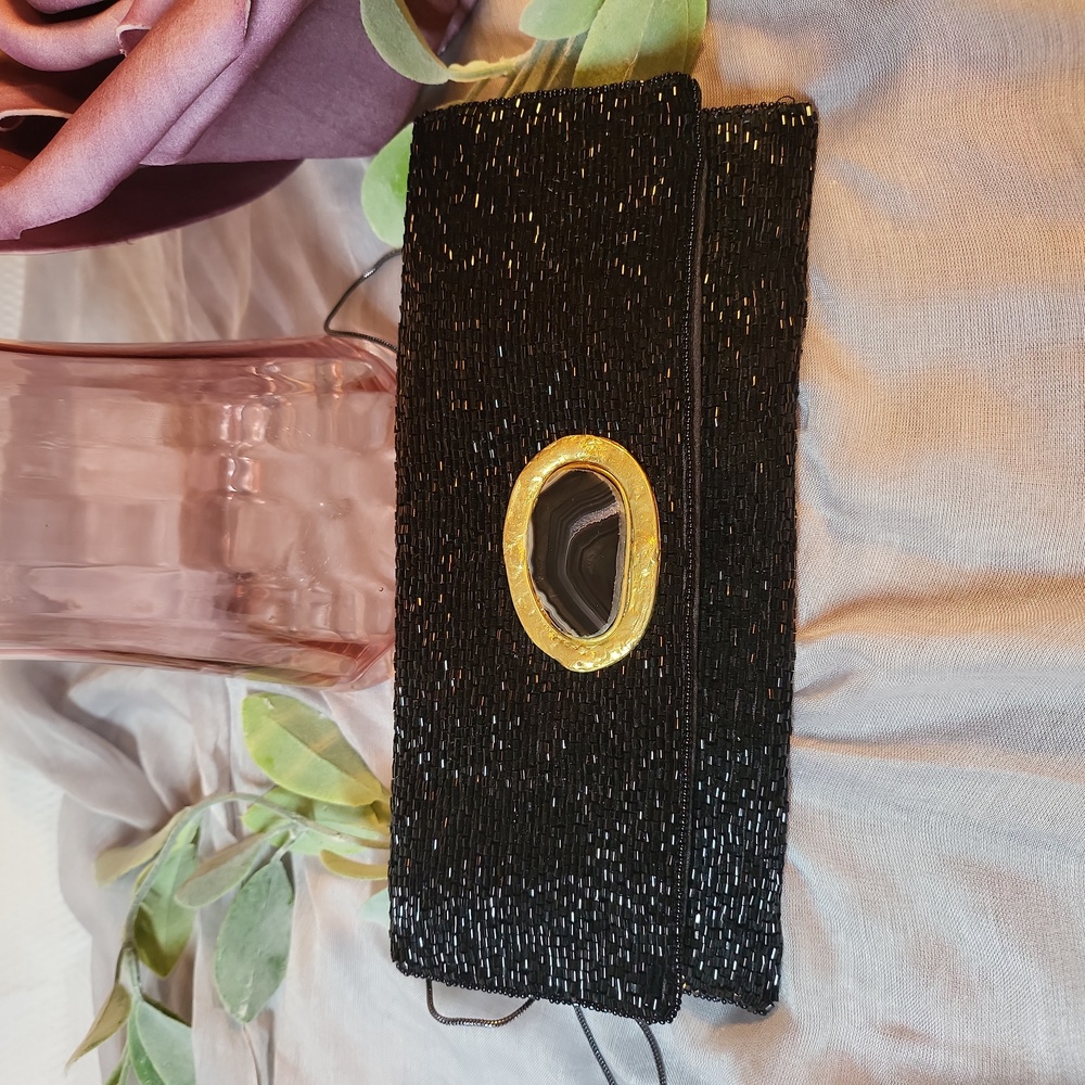 10"×5" black beaded clutch w chain strap #0099